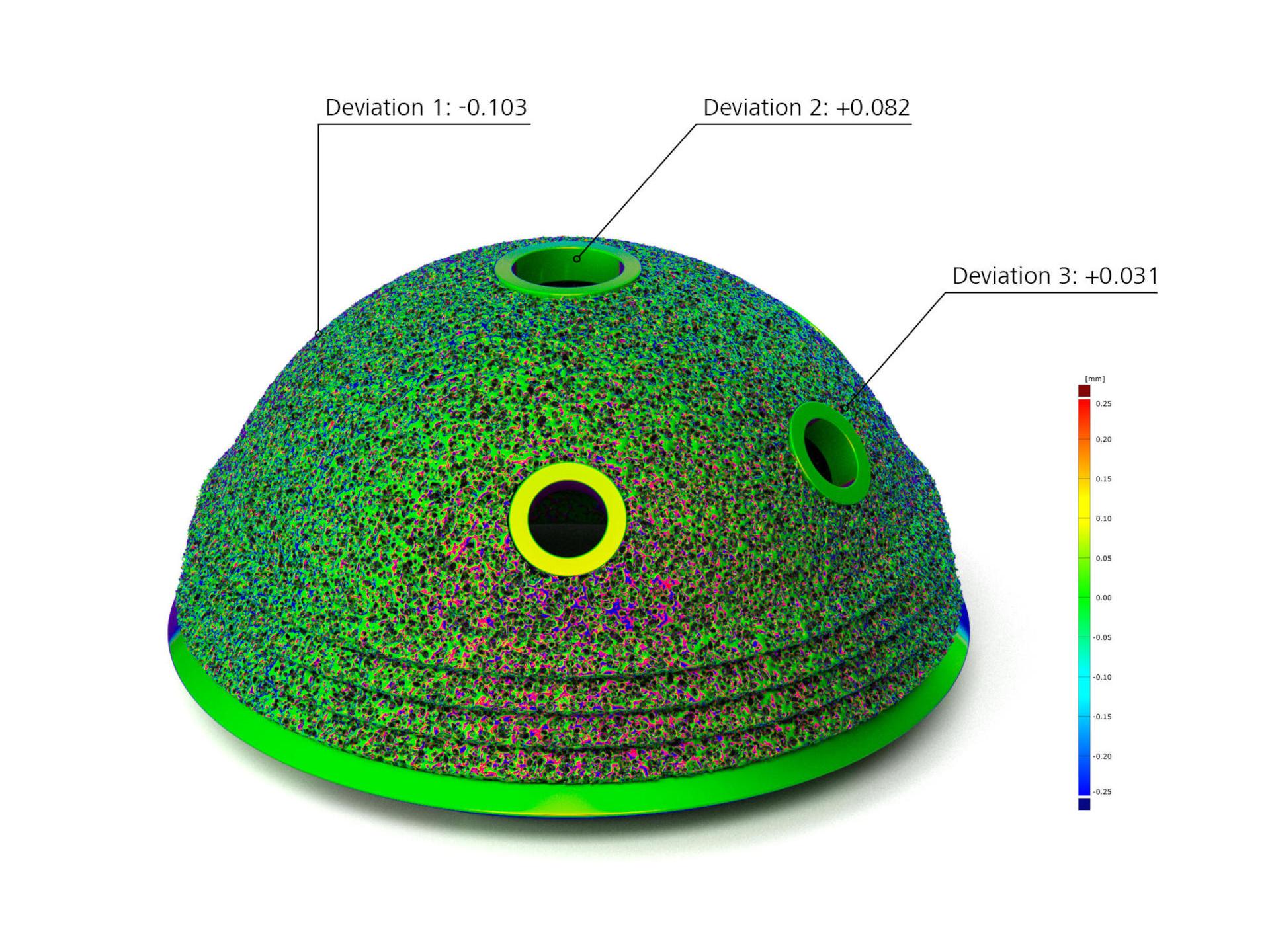 Mapa de cores no copo de quadril fabricado aditivamente para detectar deformação de peças funcionais devido a diferentes taxas de resfriamento dentro da construção