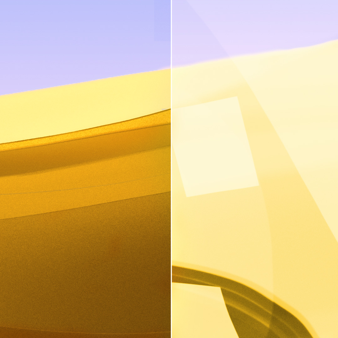 Imagens divididas mostrando uma lente nítida e limpa com ZEISS DuraVision Gold UV e uma lente com reflexos intensos.