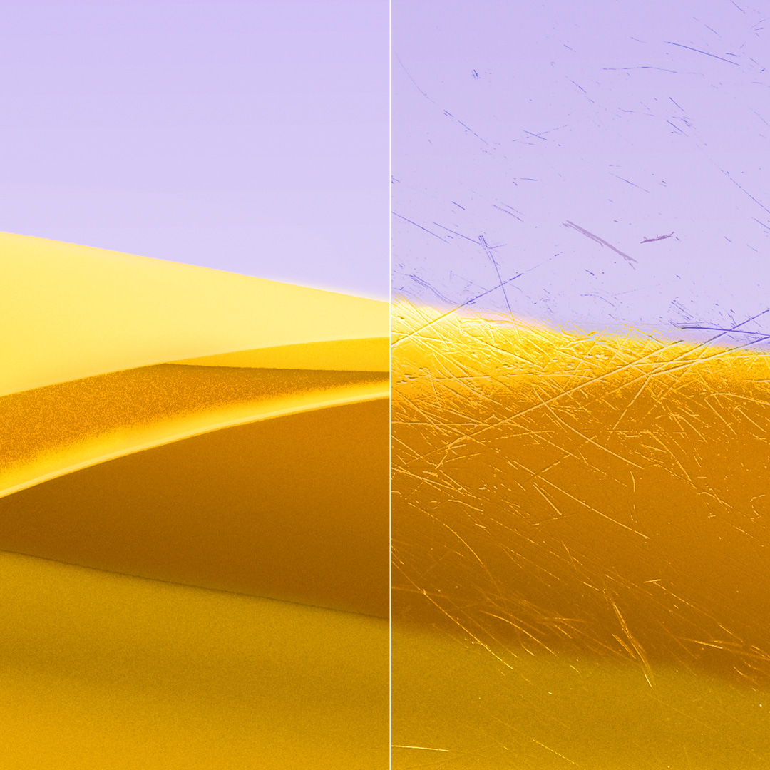 Imagens divididas mostrando uma lente nítida e limpa com ZEISS DuraVision Gold UV e uma lente com riscos.