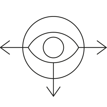 Ícone mostra um olho em um círculo com três setas: para a esquerda, para baixo e para a direita.