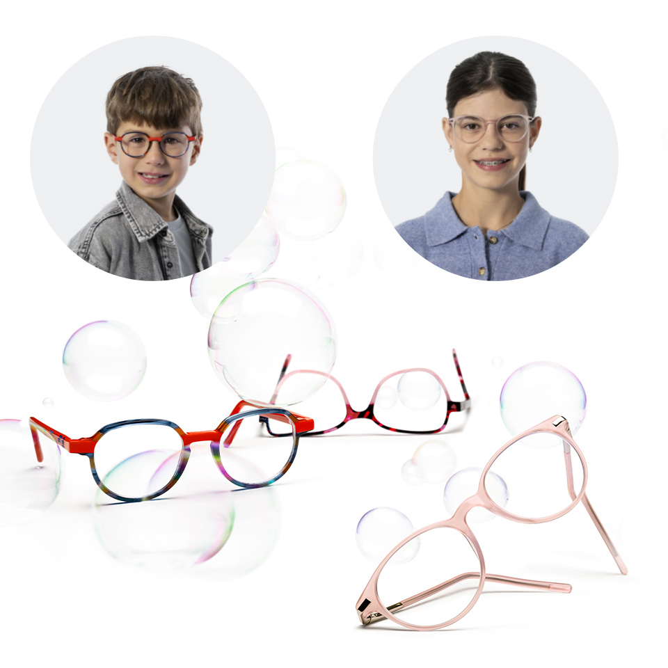 Uma foto de um menino de óculos ao lado de outra foto de uma menina mais velha também de óculos. Abaixo das duas fotos estão várias armações e lentes para óculos.