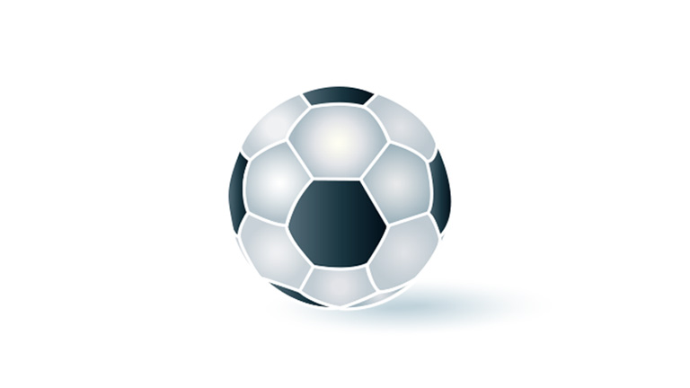 Ilustração 3D de uma bola de futebol preta e branca.