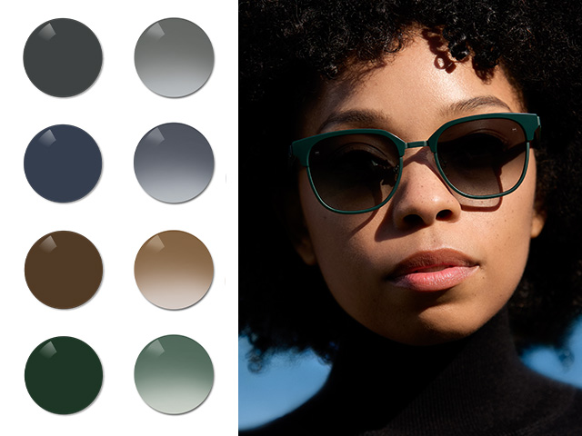 Mulher jovem usando lentes de grau com proteção solar da ZEISS no gradiente Black. Em seguida, são visualizadas as cores Black, Grey, Brown e a verde acinzentada Pioneer.