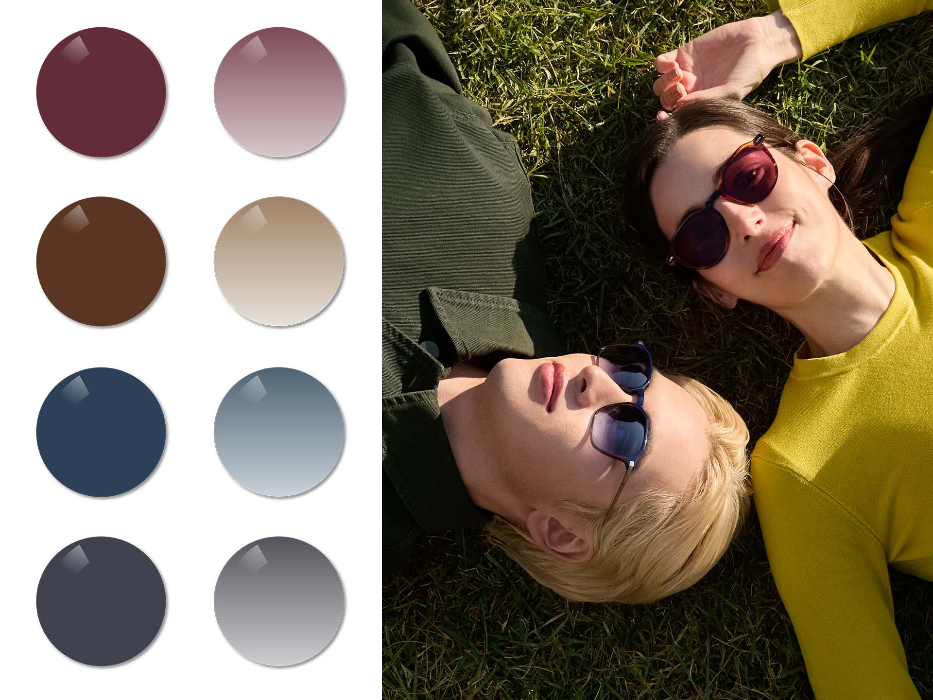 Homem usando lentes de grau com proteção solar da ZEISS no gradiente Midnight Blue, e mulher usando lentes para óculos de sol de grau em Burgundy sólido, ambos deitados na grama. Em seguida, são visualizadas as cores Burgundy, Copper Brown, Midnight Blue e Dusk Grey na cor sólida e gradiente.