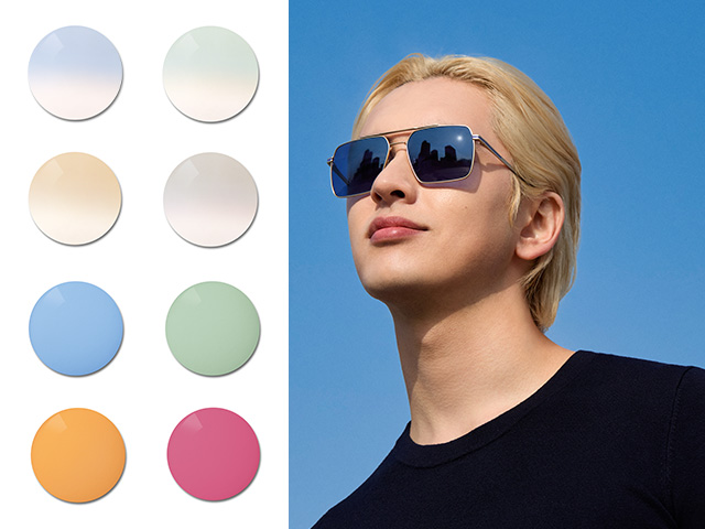 Homem jovem usando lentes de grau com proteção solar da ZEISS em uma cor azul sólida. Em seguida é visualizada a paleta de cores especiais, indo de tons pastéis a cores sólidas fortes e vibrantes.
