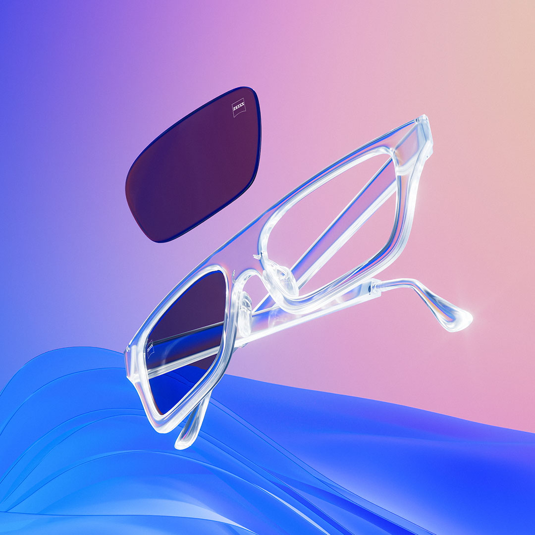 Ilustração 3D CGI de uma armação de óculos incolor com lentes coloridas.
