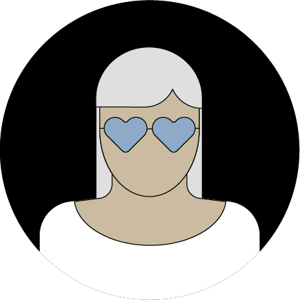Ilustração de uma mulher usando óculos com lentes em formato de coração. 