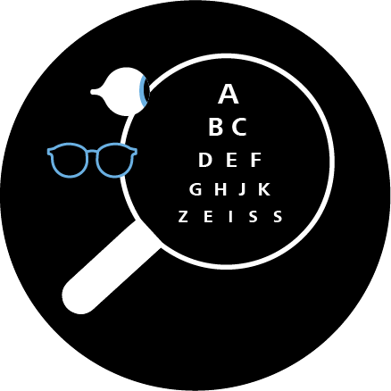 Ilustração de óculos, um olho e uma lupa ampliando as letras de um teste de vista. 