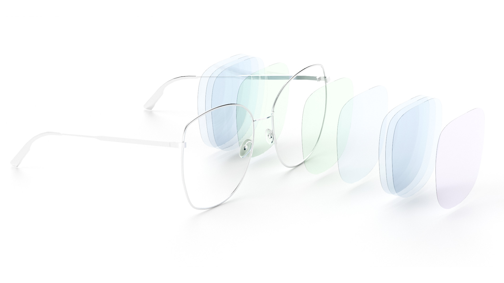 Um par de óculos em que é possível visualizar diferentes camadas de revestimentos.