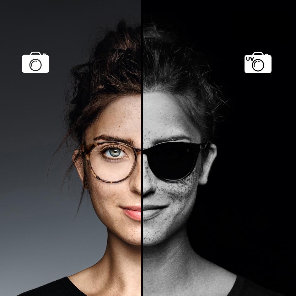 Imagem aproximada de uma mulher usando óculos com tecnologia UVProtect da ZEISS. Metade da foto foi tirada com uma câmera normal, e a outra metade com uma câmera UV. A imagem com UV mostra que as lentes incolores da ZEISS bloqueiam raios UV nocivos com a mesma eficácia que óculos de sol.