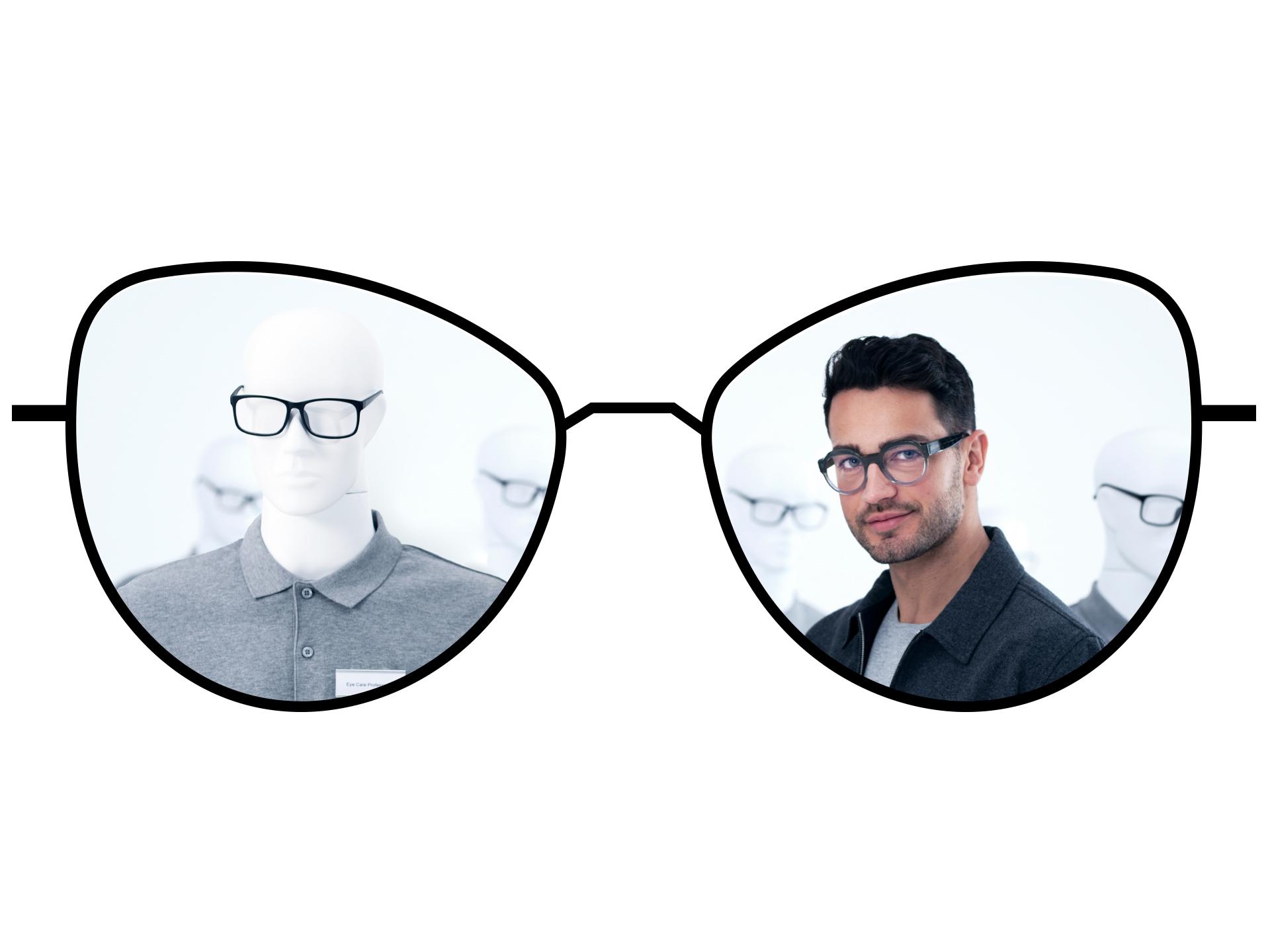 Ilustração de óculos mostrando as zonas embaçadas das lentes de visão simples tradicionais em comparação com as amplas zonas nítidas das lentes de visão simples ZEISS ClearView
