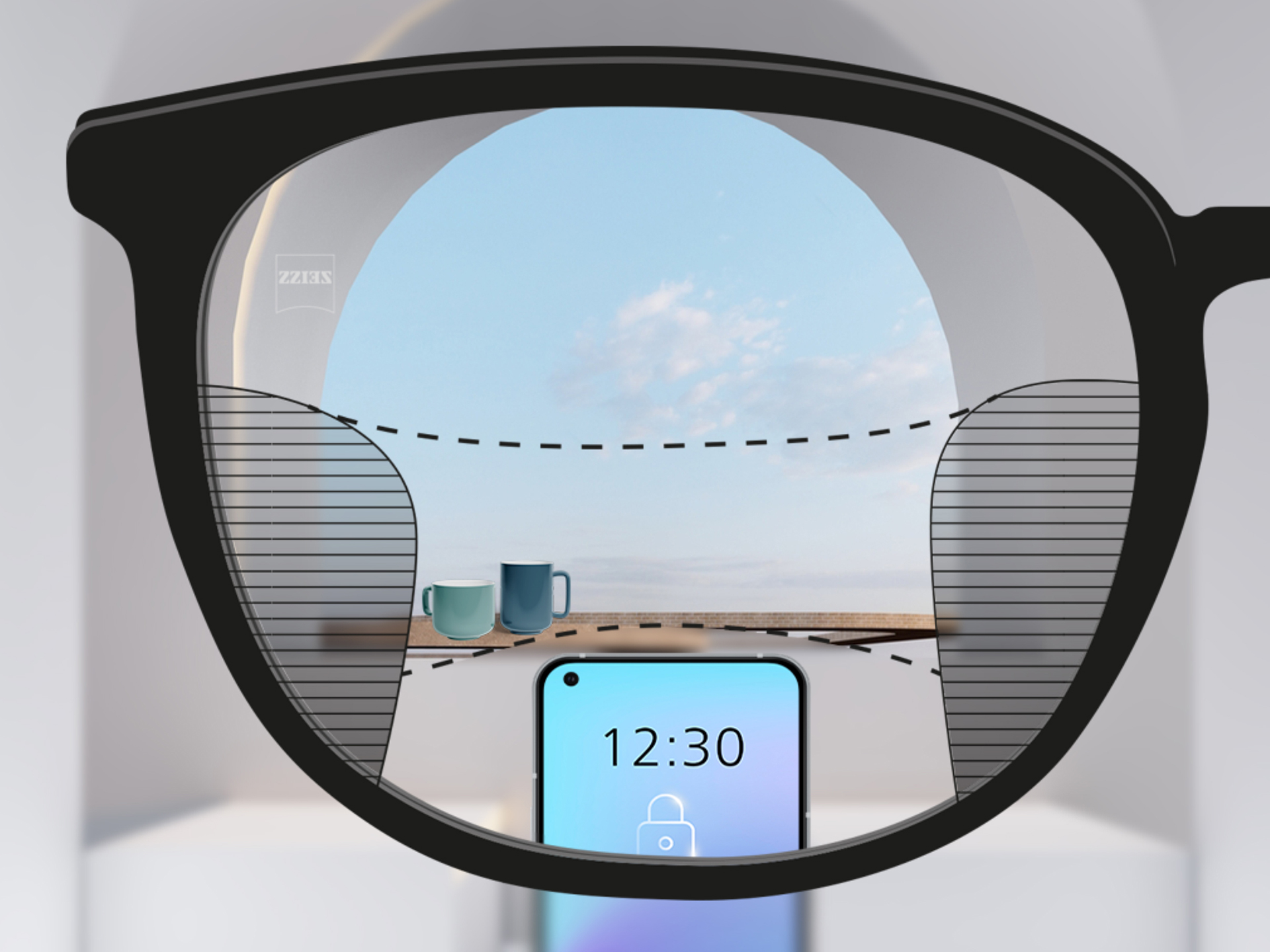 Imagem de campo de visão através de uma lente progressiva ZEISS SmartLife: as zonas embaçadas à esquerda e à direita são pequenas e possibilitam maiores zonas de visão nítida.