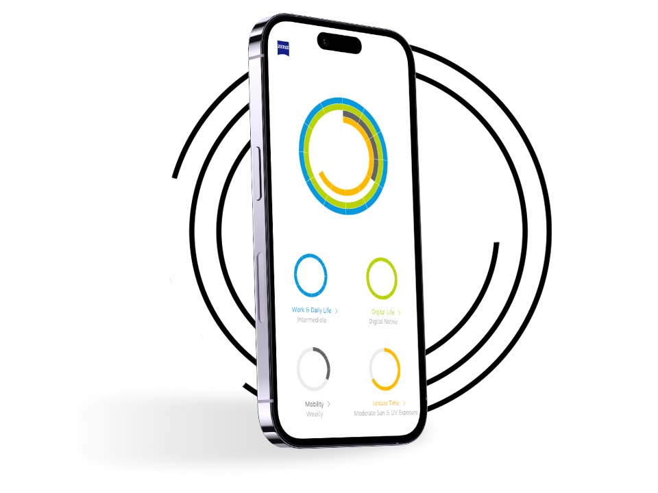 Smartphone em frente a anéis pretos mostrando o perfil de um usuário do Perfil minha visão com anéis de cores diferentes. 
