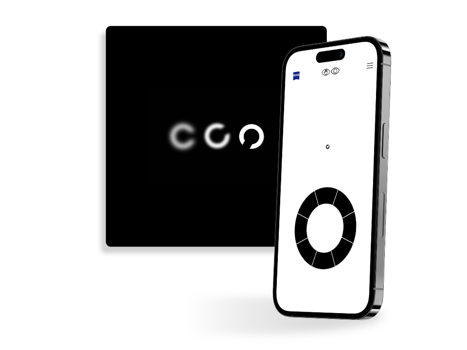 Smartphone com tela exibindo um exercício de verificação de visão on-line da ZEISS, em frente a um botão quadrado preto mostrando círculos com aberturas voltadas para direções diferentes, geralmente usados em exames de vista.