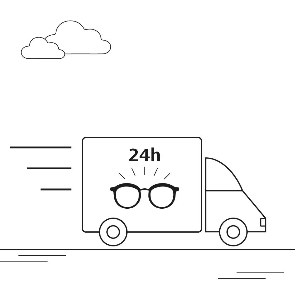 Ilustração de uma van entregando lentes.