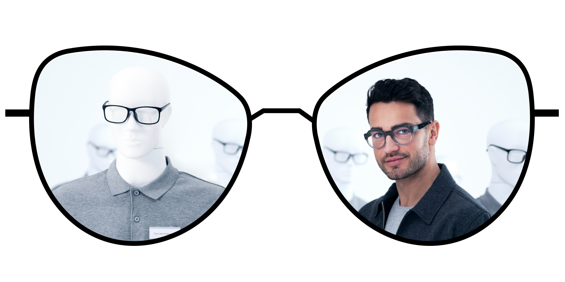 Ilustração de óculos mostrando as zonas embaçadas das lentes de visão simples tradicionais em comparação com as amplas zonas nítidas das lentes de visão simples ZEISS ClearView.