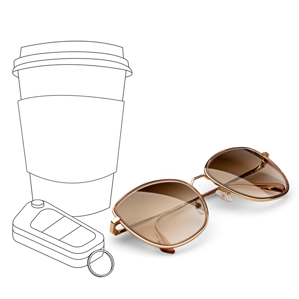 Ilustração de uma xícara de café e chave de carro próximas a uma imagem real das lentes de sol da ZEISS de tonalidade marrom.