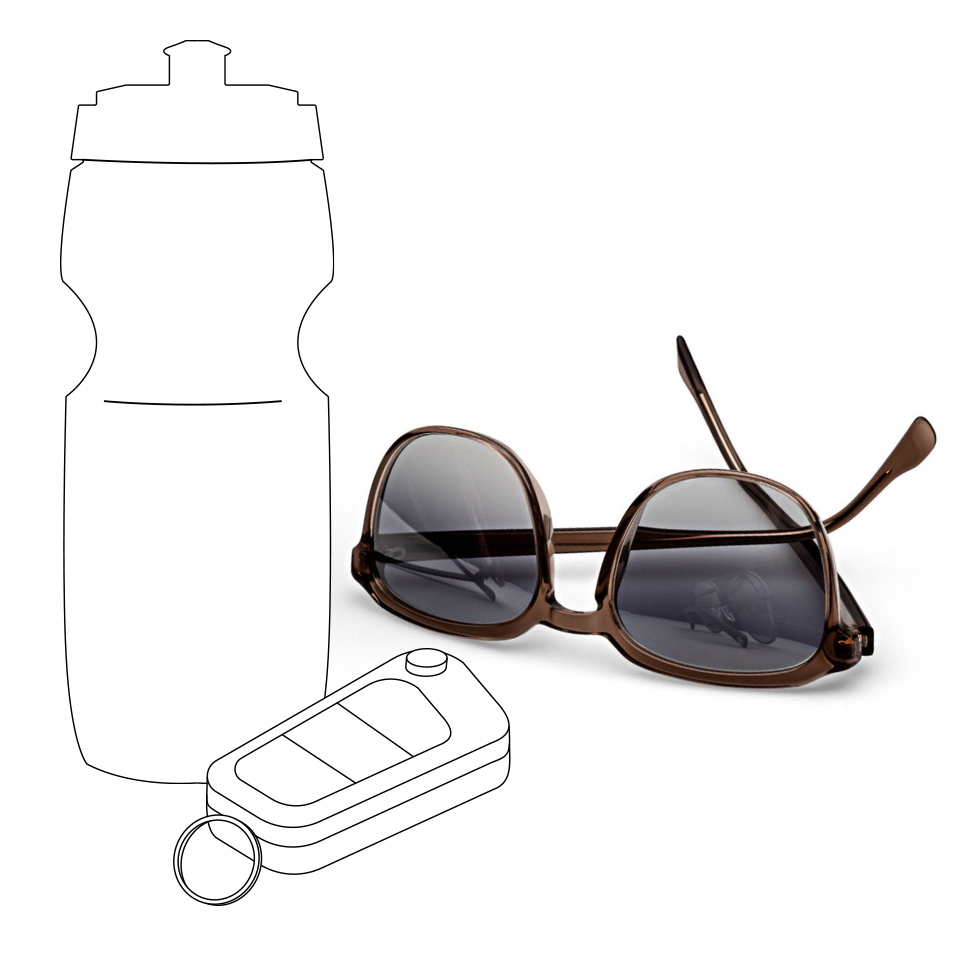 Ilustração de uma garrafa de água e chave de carro próximas a uma imagem real das lentes de sol da ZEISS de tonalidade cinza.