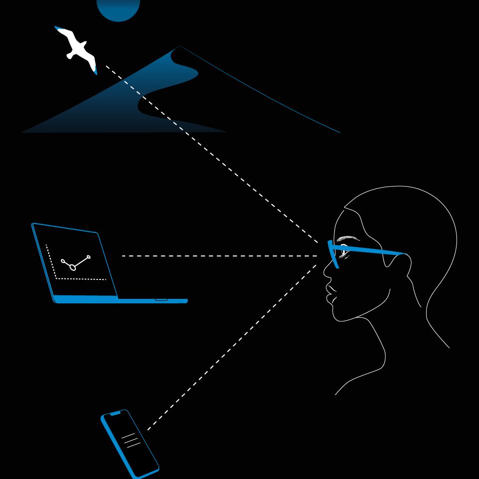 Ilustração de uma mulher usando óculos e ilustrações em um telefone, um laptop e uma paisagem mostrando as três zonas de distância suportadas pelas lentes progressivas.