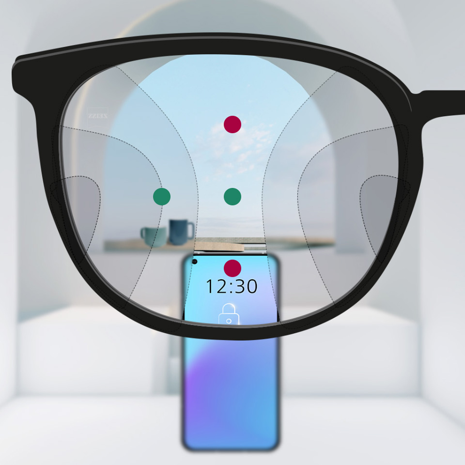 As lentes de design leve mostram zonas de desfocagem mais alongadas à esquerda e à direita, e campos de visão menores ao perto e ao longe, porém com transições suaves entre as zonas de desfocagem e um campo de visão mais amplo a distâncias intermediárias.