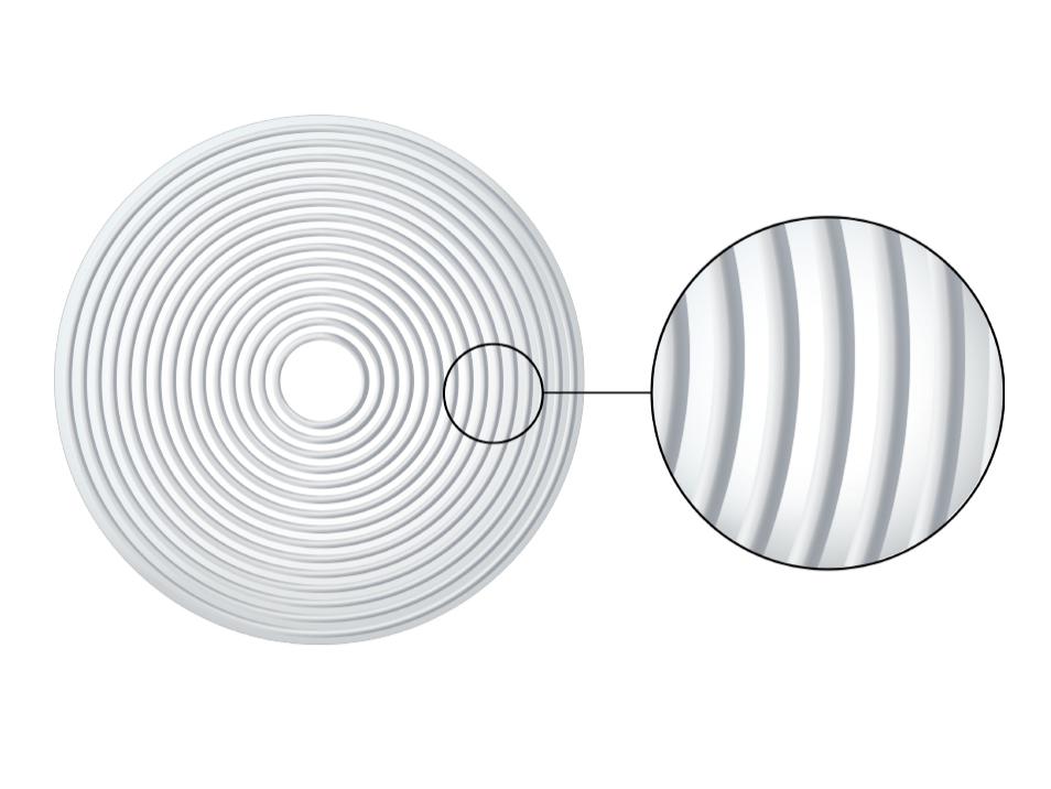 Ilustração de uma lente ZEISS MyoCare com elementos C.A.R.E. criando zonas de desfoco para retardar a progressão da miopia.