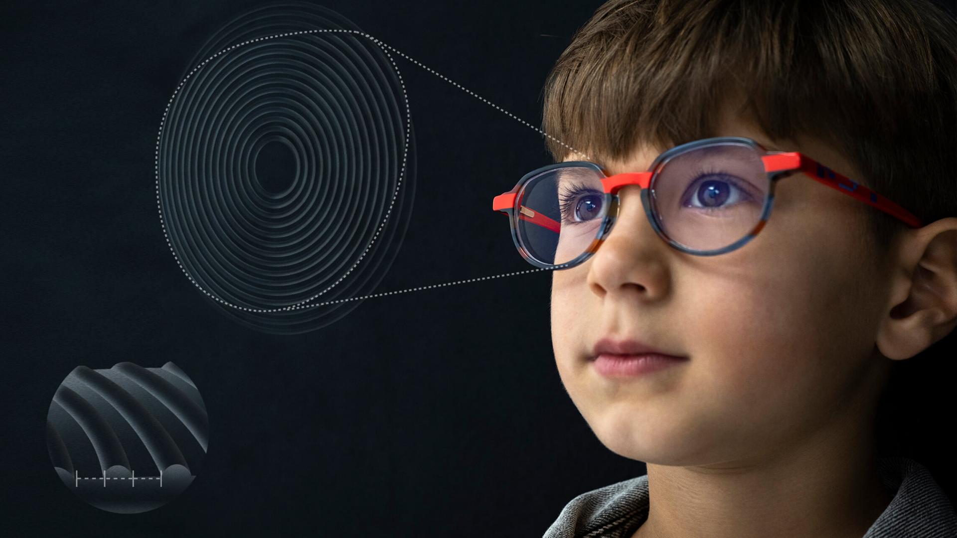 Ilustração em primeiro plano do desenho da lente ZEISS MyoCare para gerenciamento da miopia em crianças.