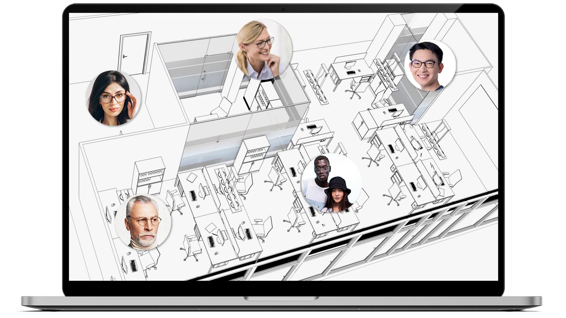 Laptop com um desenho de leiaute de escritório na tela, mostrando a posição de diferentes colegas de trabalho. Cada área tem uma imagem pequena e redonda de diferentes pessoas, todas usando óculos com lentes ZEISS Office.