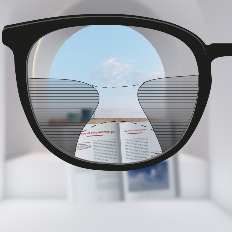 Cursor mostrando uma lente convencional multifocal à esquerda, com zonas de visão relativamente limitadas, em comparação com uma lente premium à direita, que oferece uma visão nítida em uma área maior da lente.