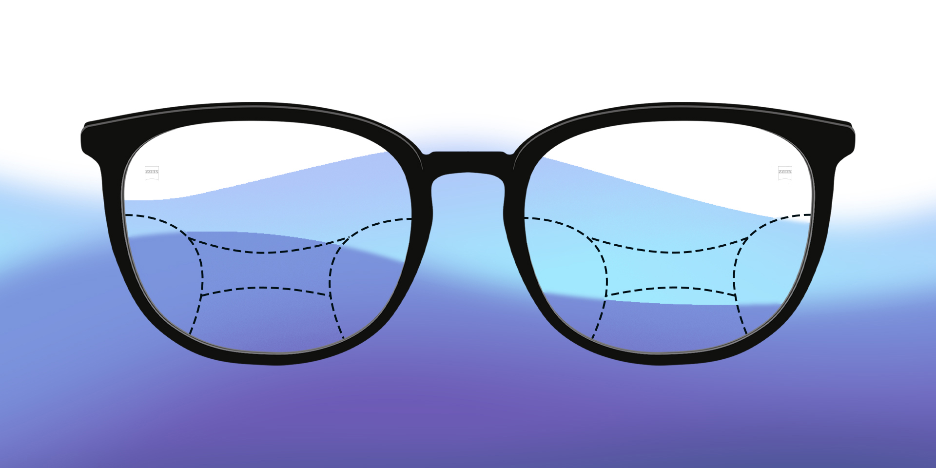 Imagem de lentes progressivas ilustradas contra um fundo colorido.