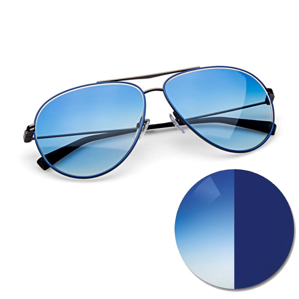 Óculos com ZEISS AdaptiveSun azul degradê e um círculo colorido em tom claro e escuro.