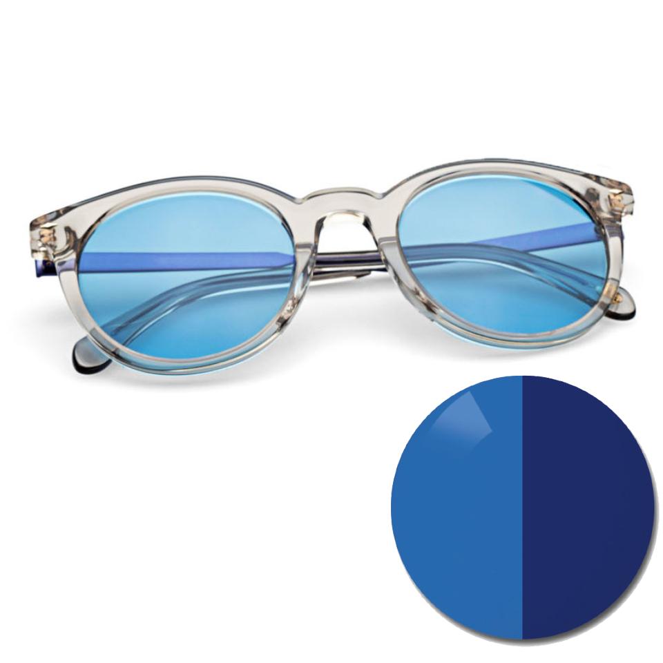 Óculos com ZEISS AdaptiveSun azul e um círculo colorido em tom claro e escuro.