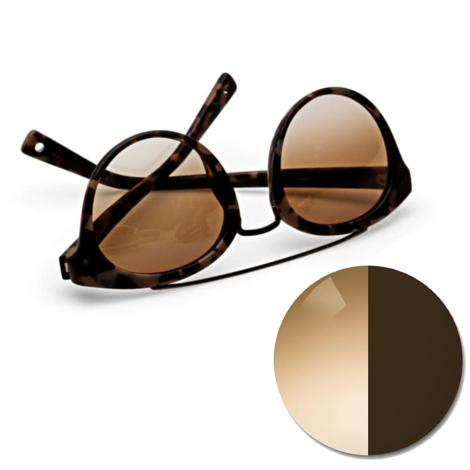 Óculos com ZEISS AdaptiveSun marrom degradê e um círculo colorido em tom claro e escuro.