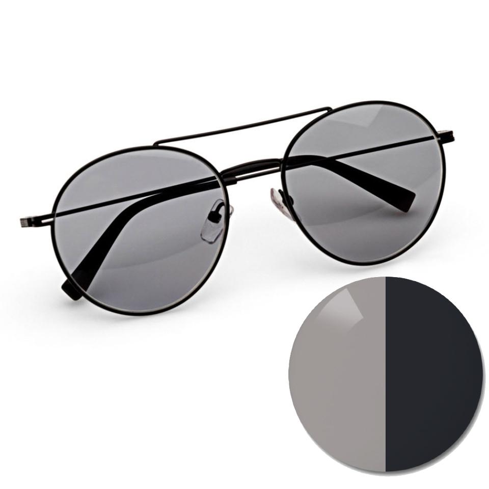 Óculos com ZEISS AdaptiveSun cinza e um círculo colorido em tom claro e escuro.