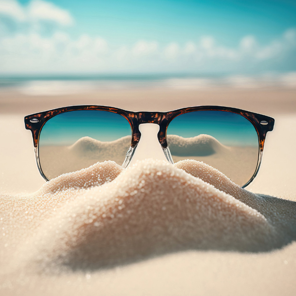 Óculos de sol com efeito espelhado na areia da praia.