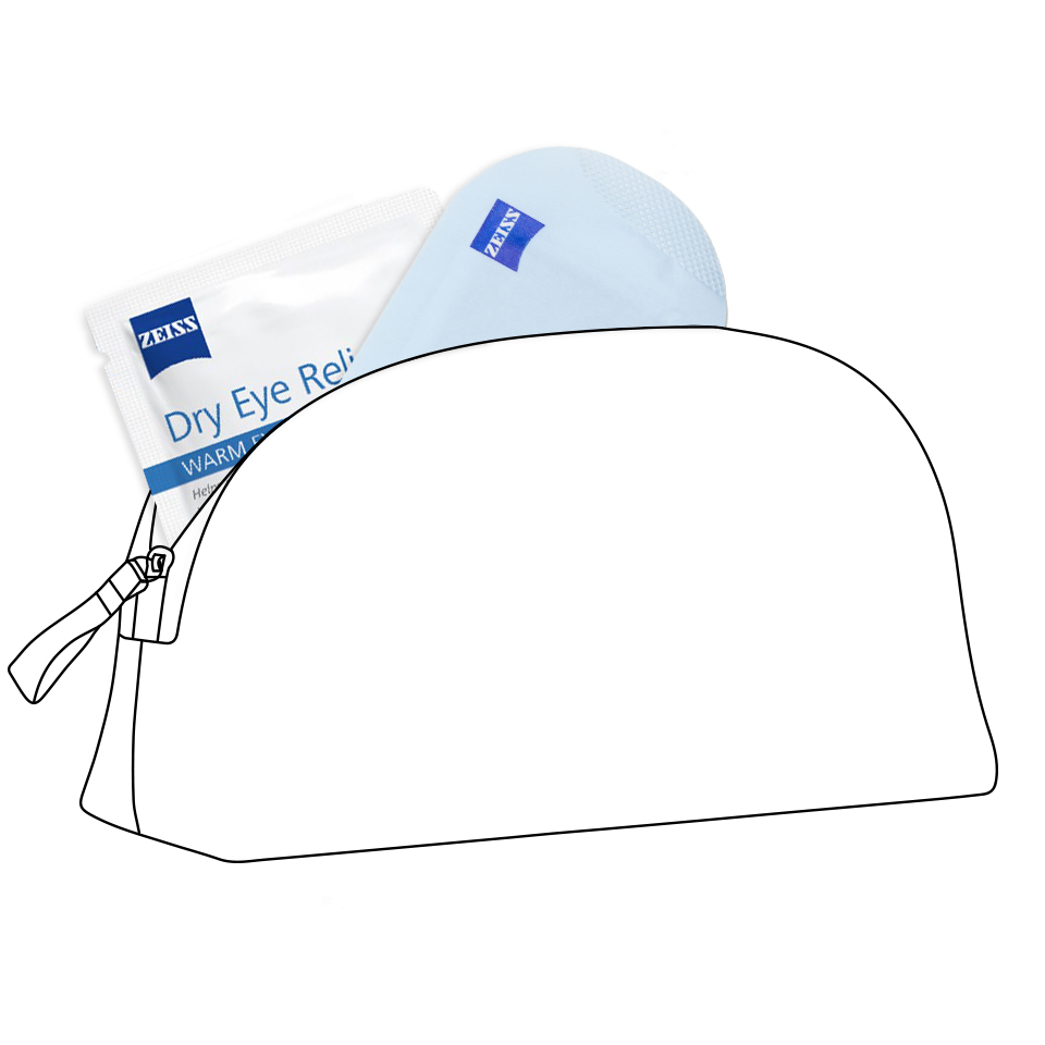 Ilustração de uma necessaire com uma ZEISS Warm Eye Mask embalada e outra fora da embalagem.