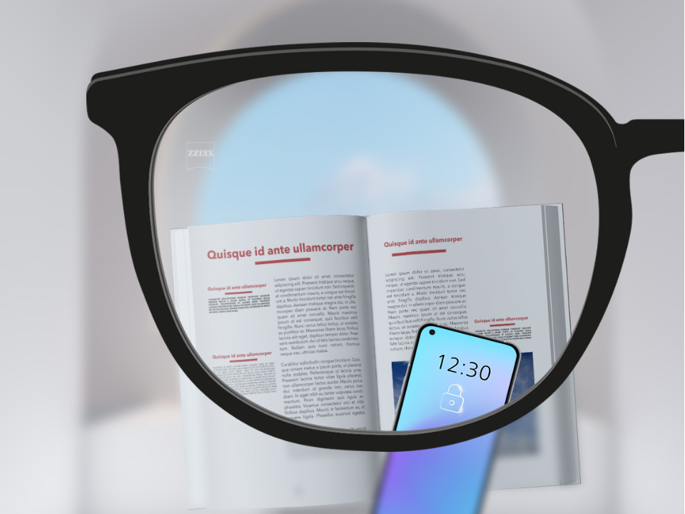 Imagem mostrando as lentes ZEISS Single Vision SmartLife com um smartphone e um livro e as lentes totalmente nítidas.