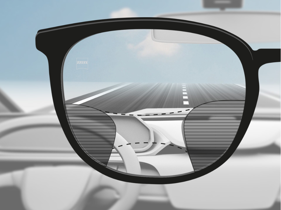 Imagem mostrando o ponto de vista de um motorista com lentes ZEISS Progressive DriveSafe mostrando uma visão nítida da rua e do painel enquanto e linhas borradas à direita e à esquerda. 