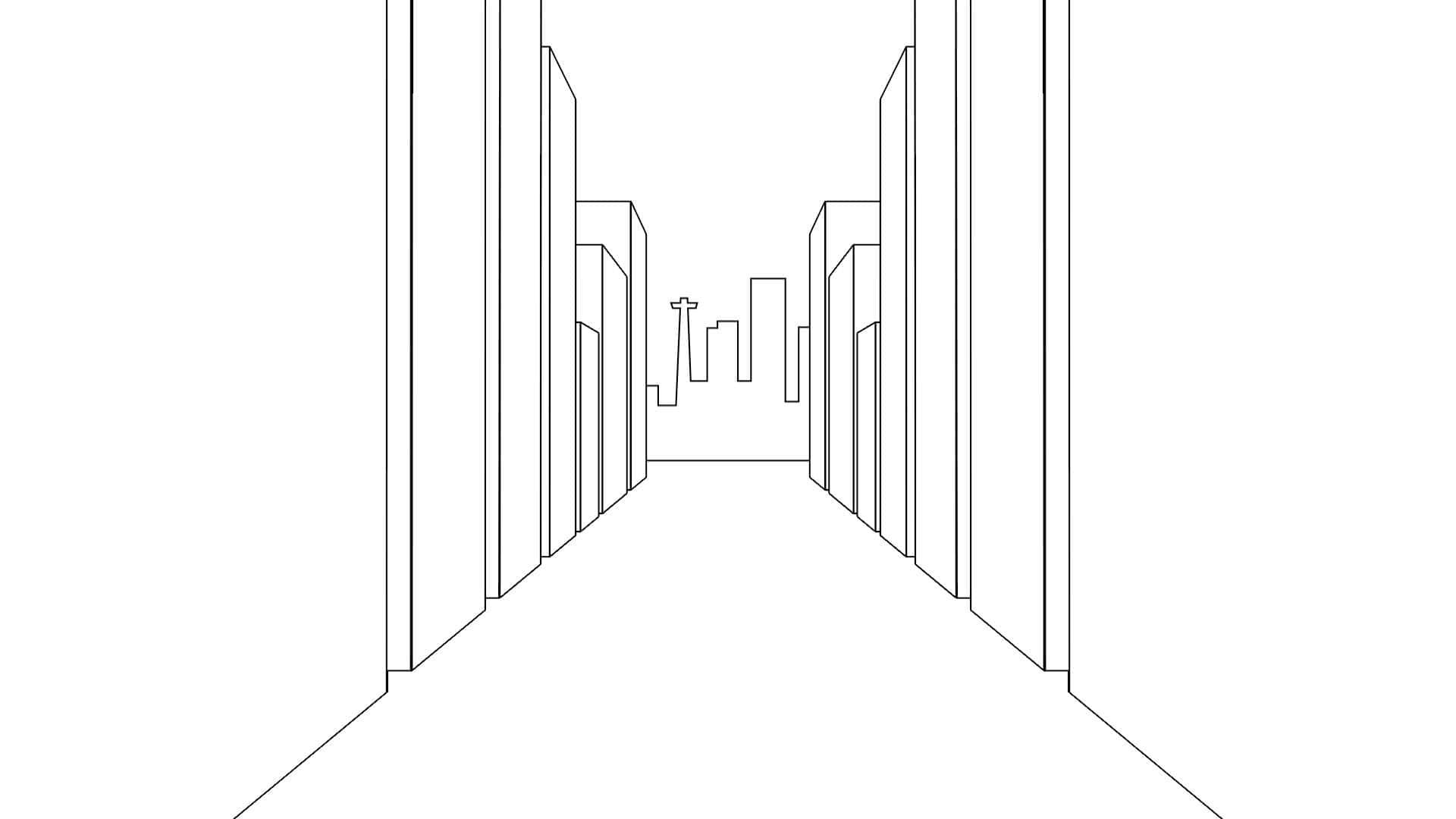 O ponto de vista de uma pessoa caminhando em uma cidade estilizada com um celular.