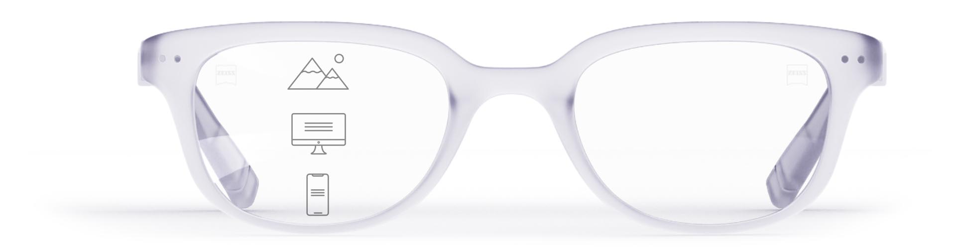 Lentes progressivas ZEISS SmartLife em uma armação transparente estilosa, com ícones indicando as diferentes zonas de visão – perto, intermediária e longe.