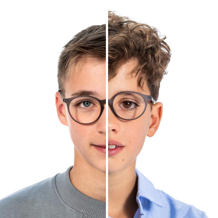 Metade do rosto de um adolescente ao lado da metade do rosto de um menino, mudando para o retrato inteiro do jovem com o rosto e a armação digitalizada.