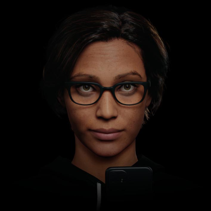 Ilustração animada de uma pessoa movendo os olhos e a cabeça enquanto olha, através de diferentes partes dos seus óculos com lentes SmartLife, para um celular, e para distâncias diferentes. em um modelo espacial 3D, seguida por centenas de pontos de luz formando o número 12,5